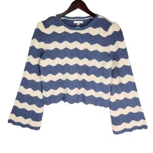 LC Lauren Conrad M Blue White Scalloped Hem Chevron Bell Sleeve Sweater Knit Top